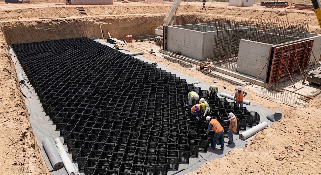 Modular geocellular stormwater storage system installation