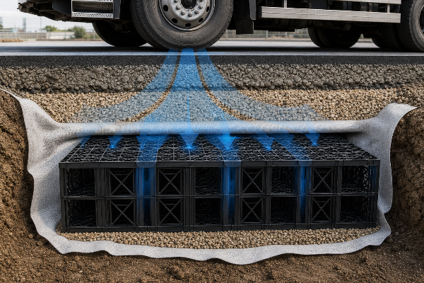 Reinforced surround and load distribution for D400 soakaway crates