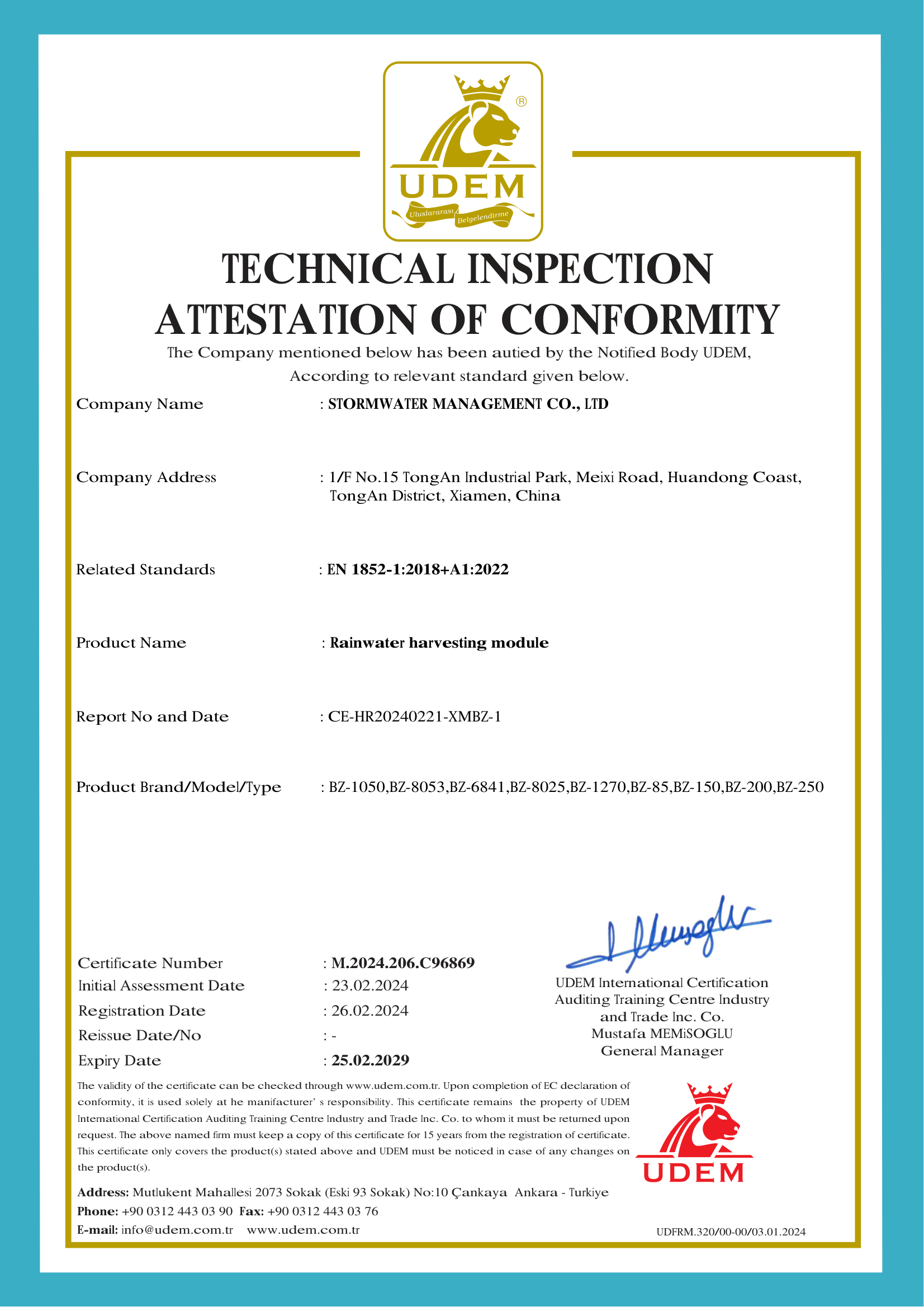 Rainwater Module Certificate