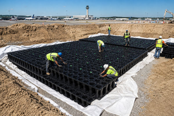 Sub-surface stormwater storage installation below airport pavements