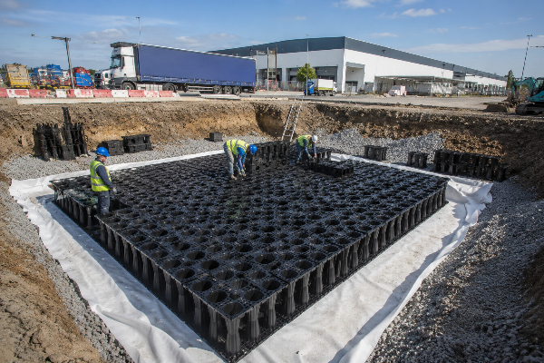 Virgin polypropylene geocellular modules for heavy industrial sites