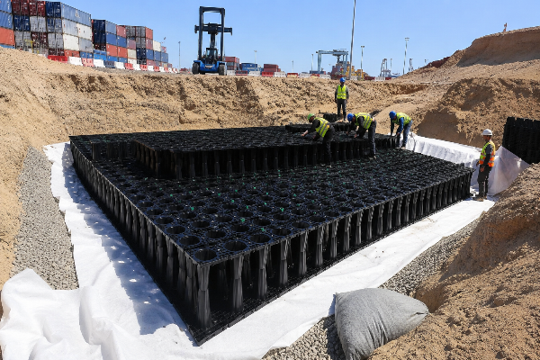 Water attenuation tanks beneath heavy port and container-terminal hardstanding