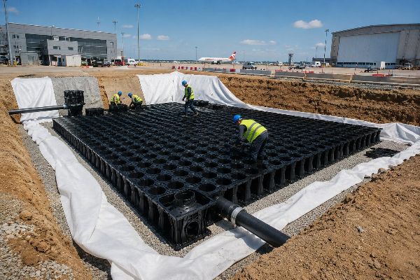 Geocellular stormwater system for roof and hardstanding catchments