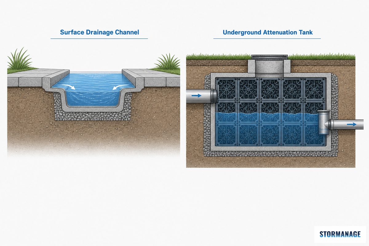 Surface Drainage Channels vs Underground Attenuation Storage — Storm Manage