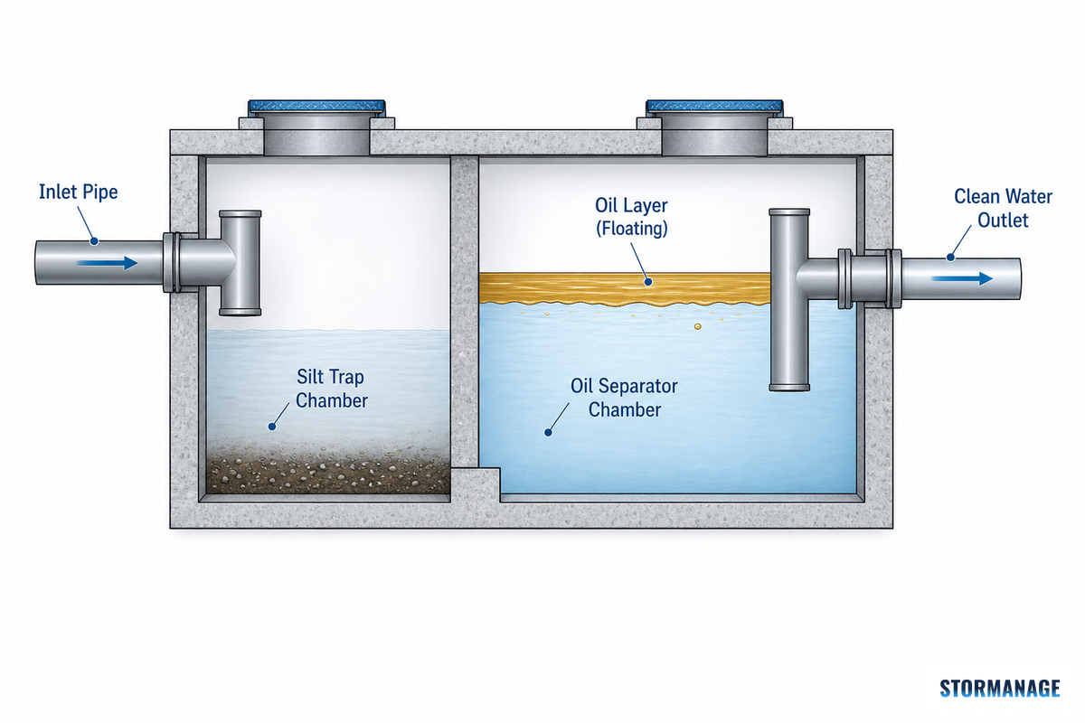 Pollution Control: Interceptors, Silt Traps, and Petrol/Oil Risk in Car Park Runoff — Storm Manage