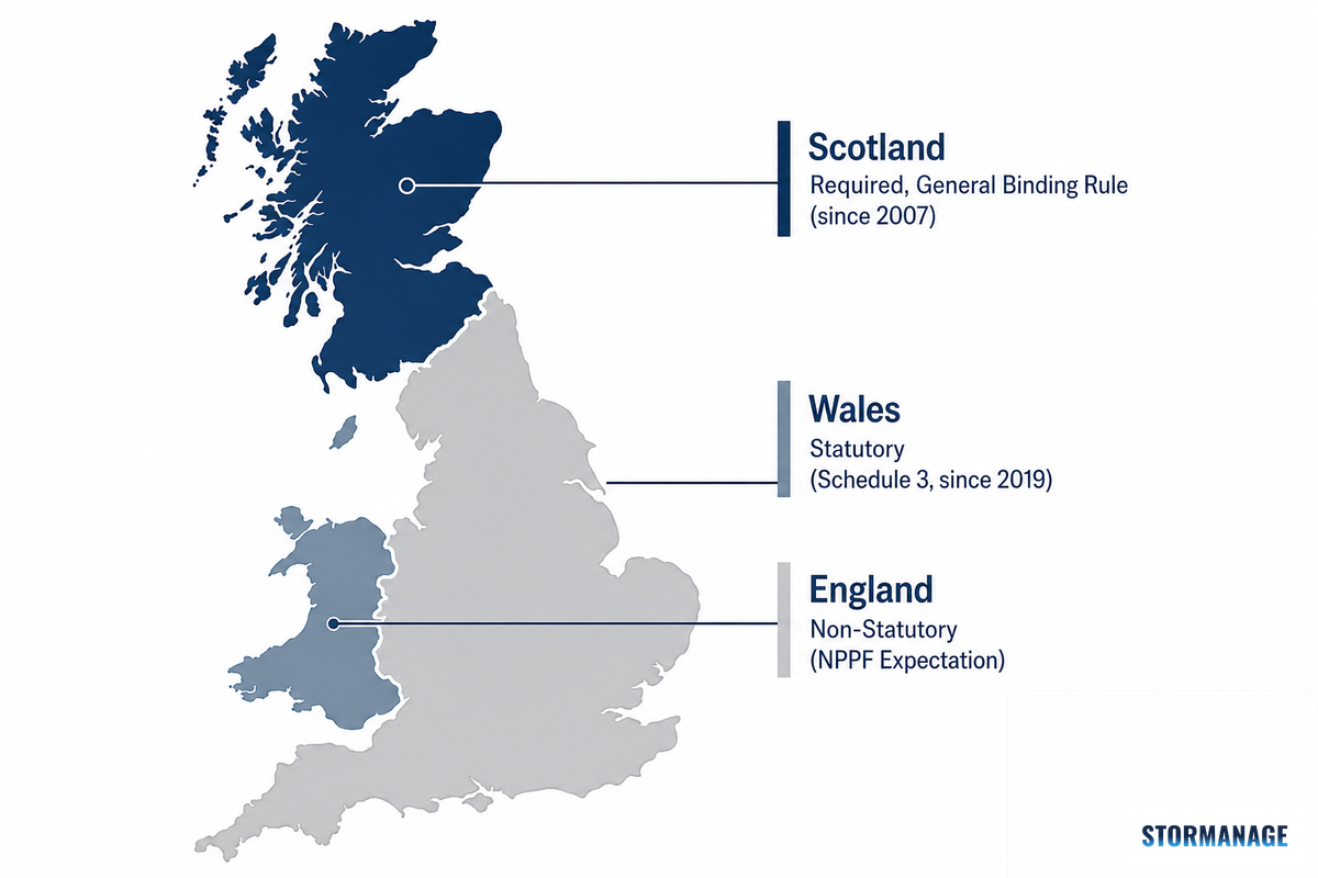 Is SuDS a Legal Requirement for Your Development? (England vs Wales vs Scotland) — Storm Manage