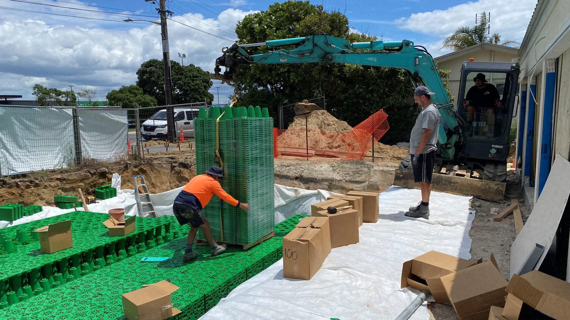 Green stormwater crates installed at an urban construction site
