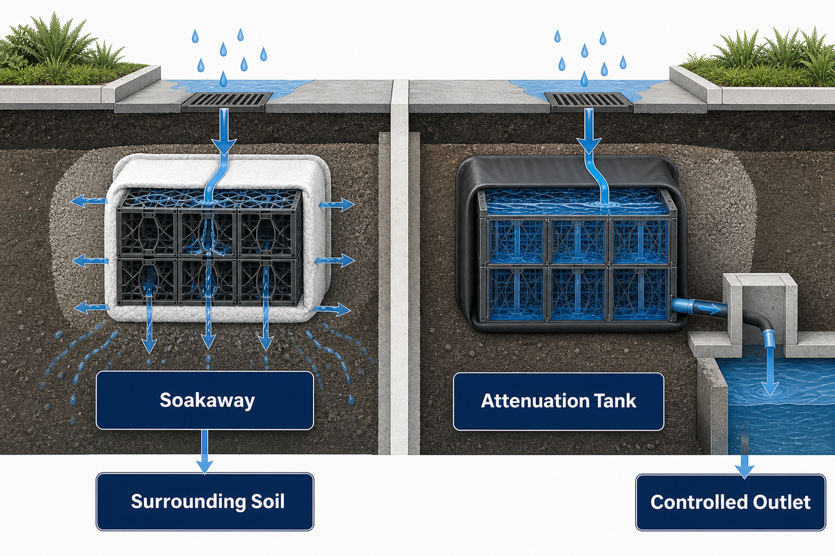 Soakaway or attenuation tank: where the water actually ends up — Storm Manage