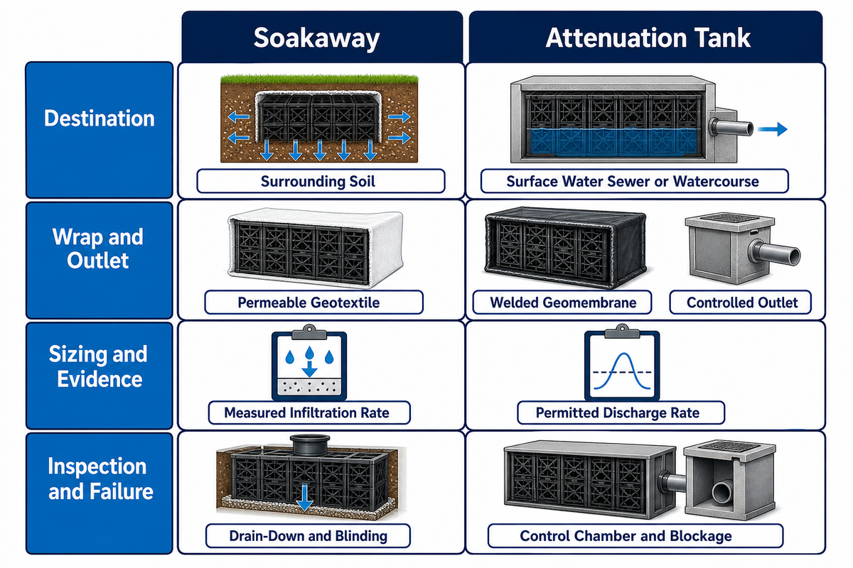 The Specification Split: soakaway and attenuation compared over 14 parameters — Storm Manage