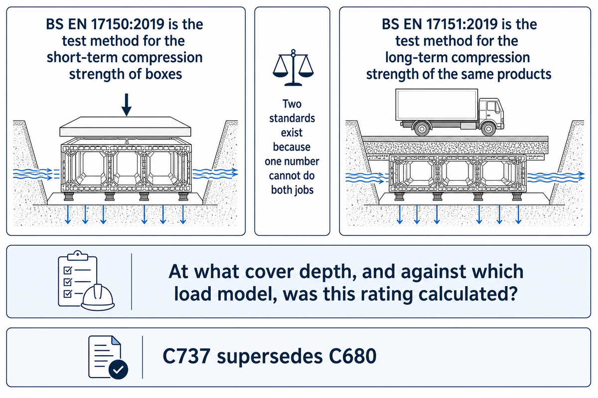 Detention load ratings: a compression number with no test named is not a specification — Storm Manage