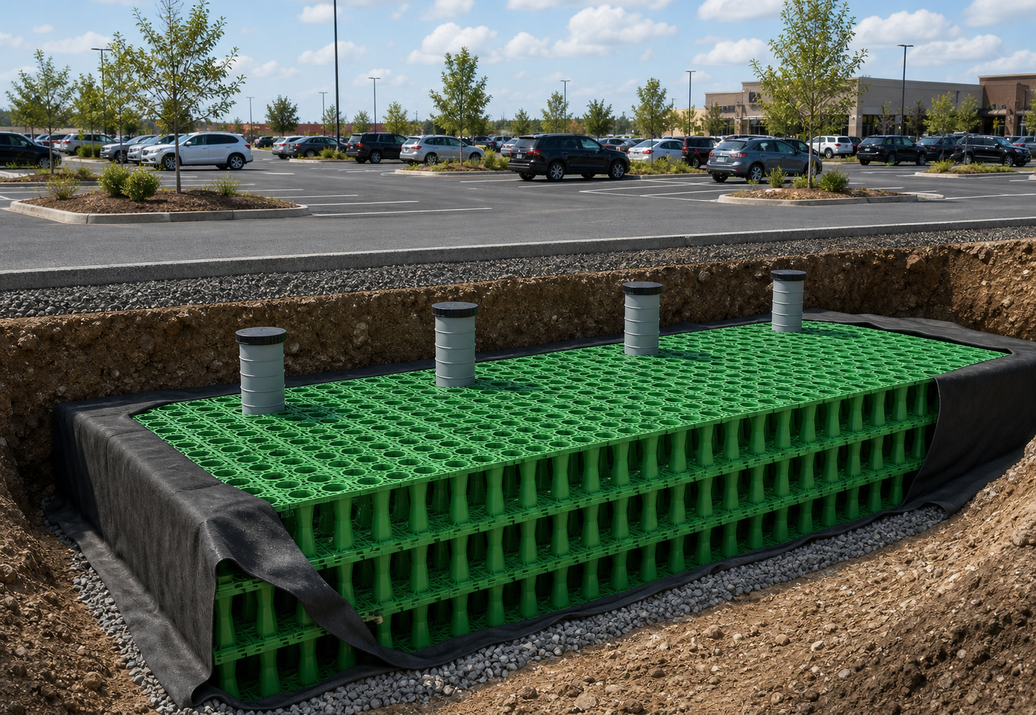 Doorsnede van een groene ondergrondse hemelwaterbuffertank onder een parkeerterrein