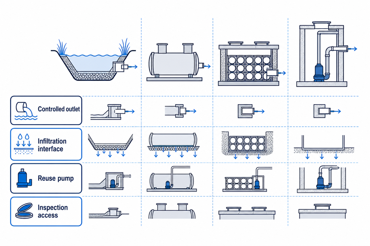 Oberirdisches Becken oder unterirdischer Speicher? Funktion und bauliche Komponenten getrennt wählen — Storm Manage