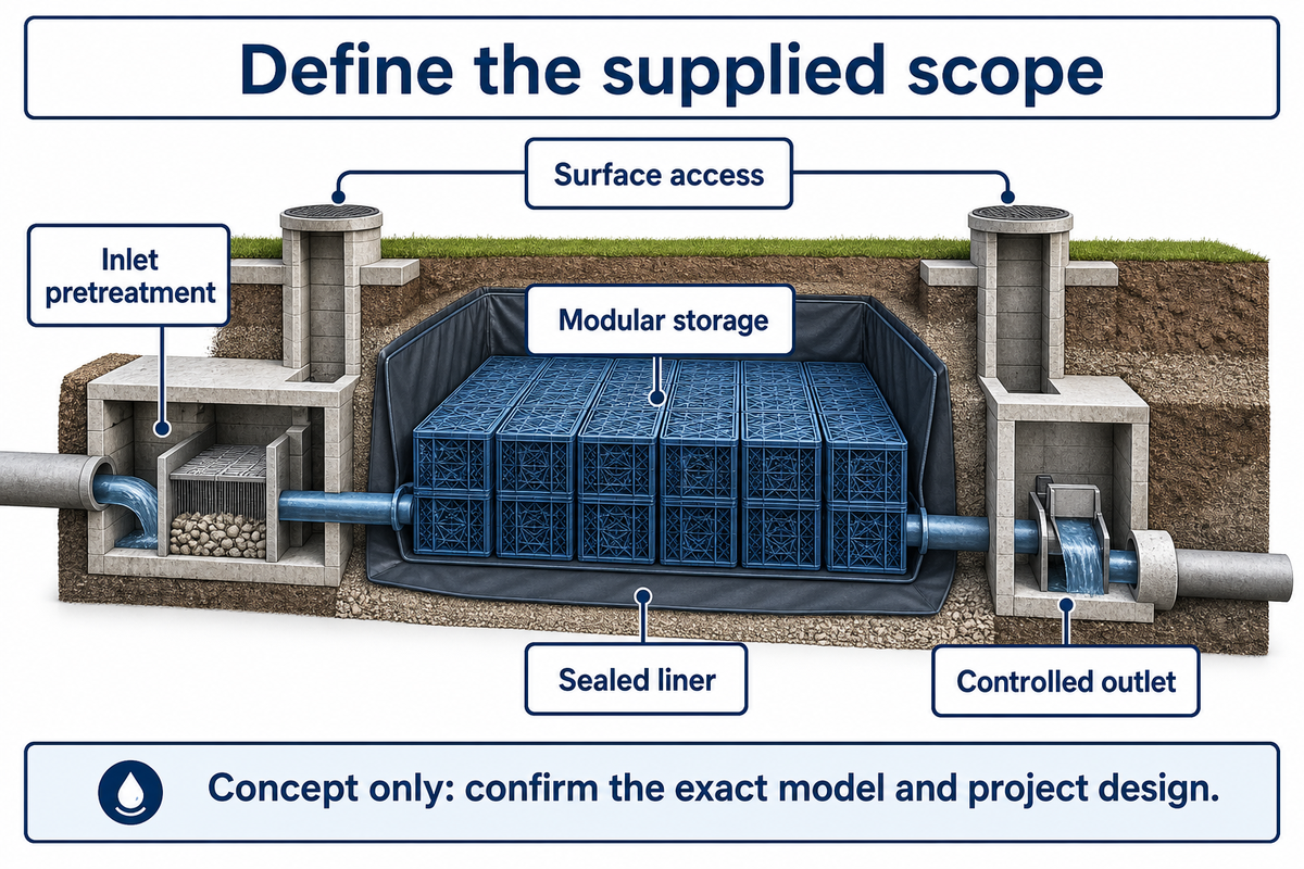 Schematische Darstellung eines modularen Regenrückhaltesystems mit Speicher, Abdichtung, Zulauf, Auslauf und Zugang von der Oberfläche